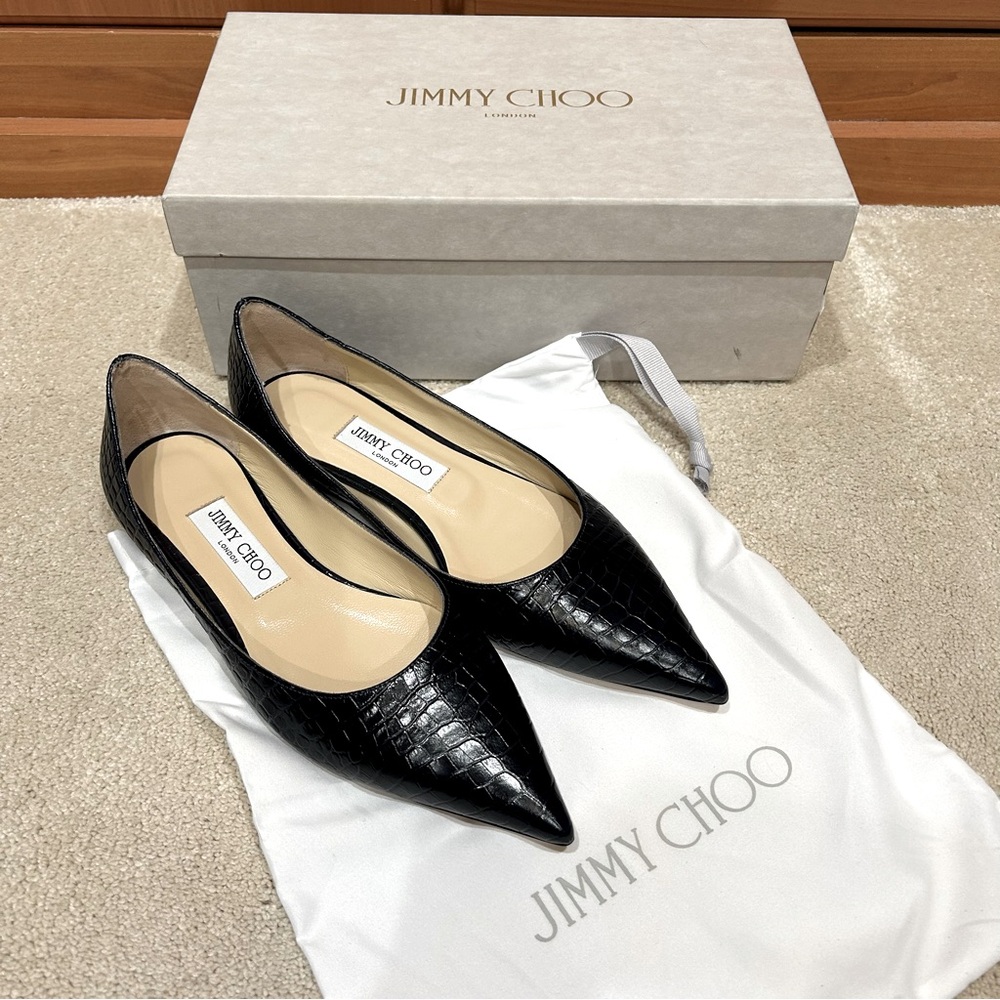 New Jimmy Choo Love Flats, Navy Croc Leather, 38.5